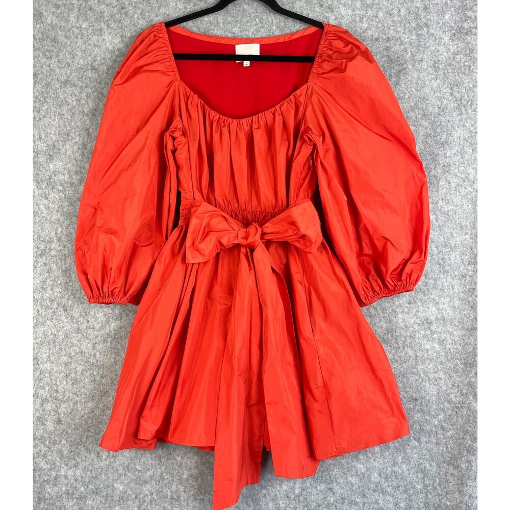 Cinq A Sept Delilah Dress Womens 10 Fire Coral Puff Sleeve Tie Waist Cocktail